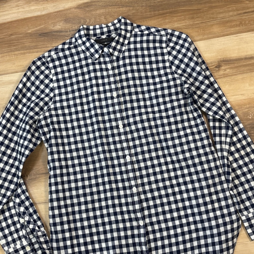 J.Crew Gingham Button Down Womens 2 Preppy Cotton Blend Boy Fit Navy Shirt